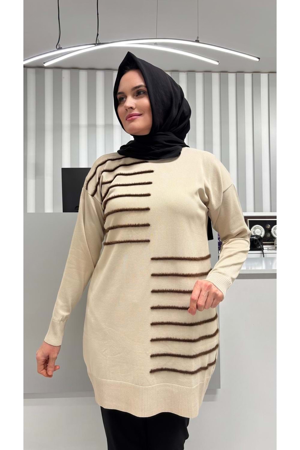 Şerit Tüylü Merserize Tunik 3281 - Bej - TEK BEDEN - AZRA07083-56795
