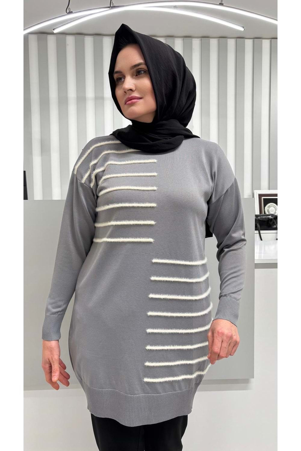 Şerit Tüylü Merserize Tunik 3281 - Gri - TEK BEDEN - AZRA07083-56796
