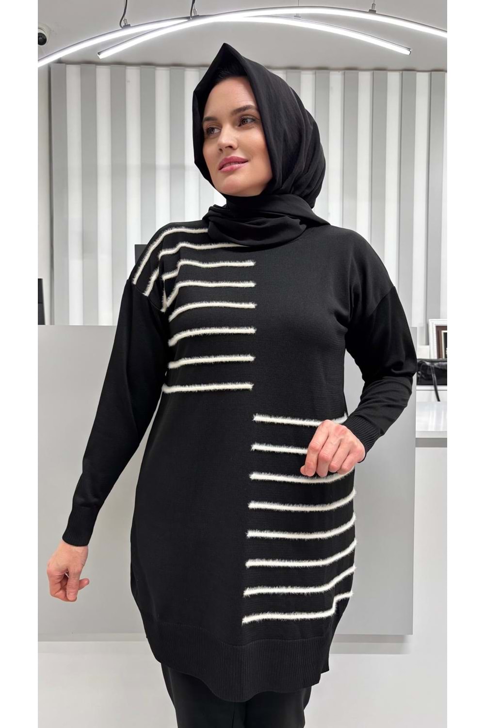 Şerit Tüylü Merserize Tunik 3281 - Siyah - TEK BEDEN - AZRA07083-56800