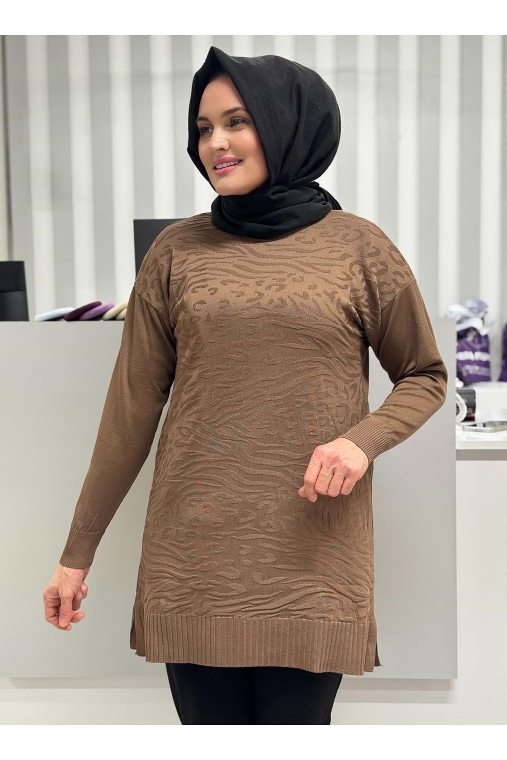Leopar Desen Merserize Tunik 3274 - Kahve Rengi - TEK BEDEN - AZRA07114-56981