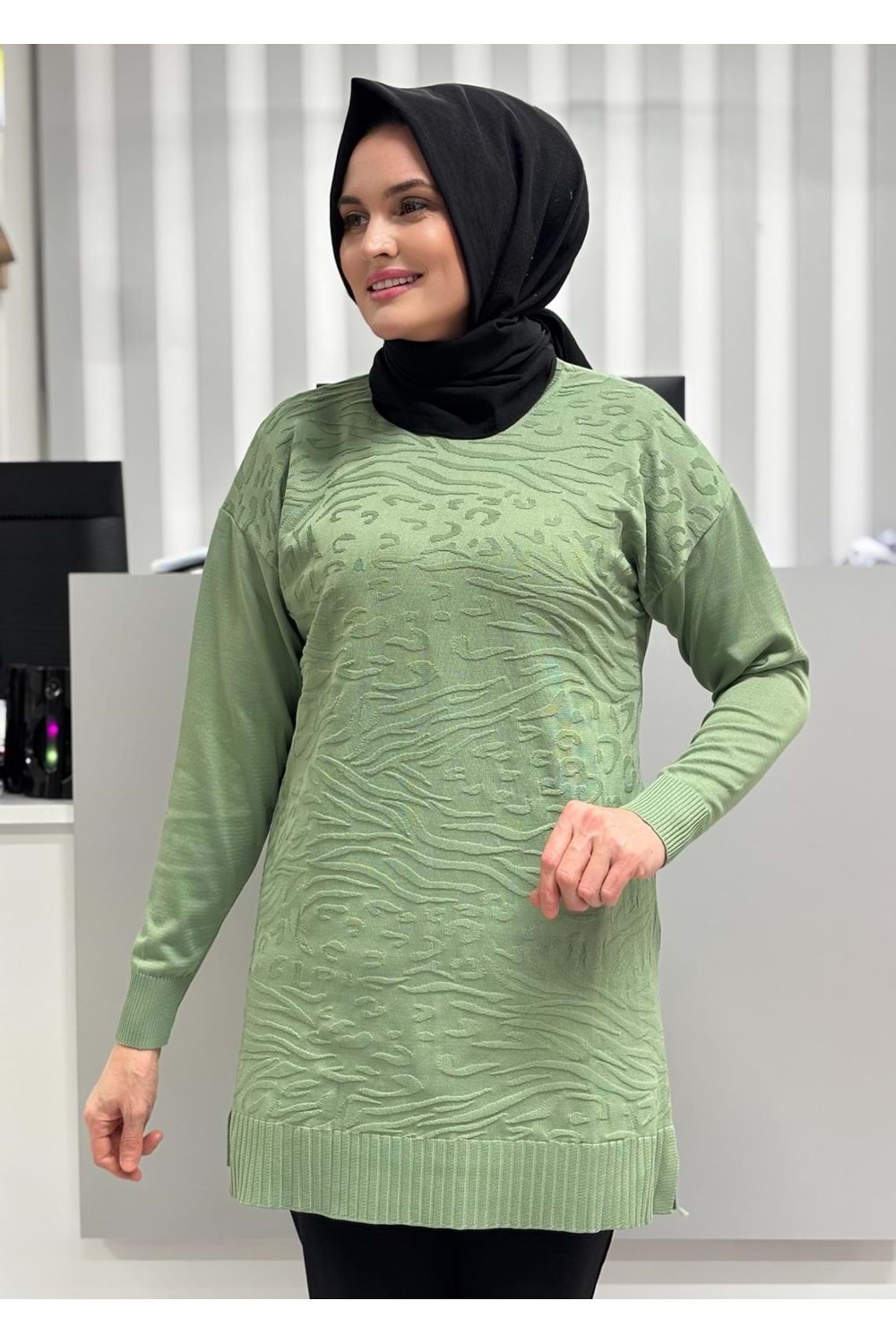 Leopar Desen Merserize Tunik 3274 - Mint Yeşili - TEK BEDEN - AZRA07114-56983