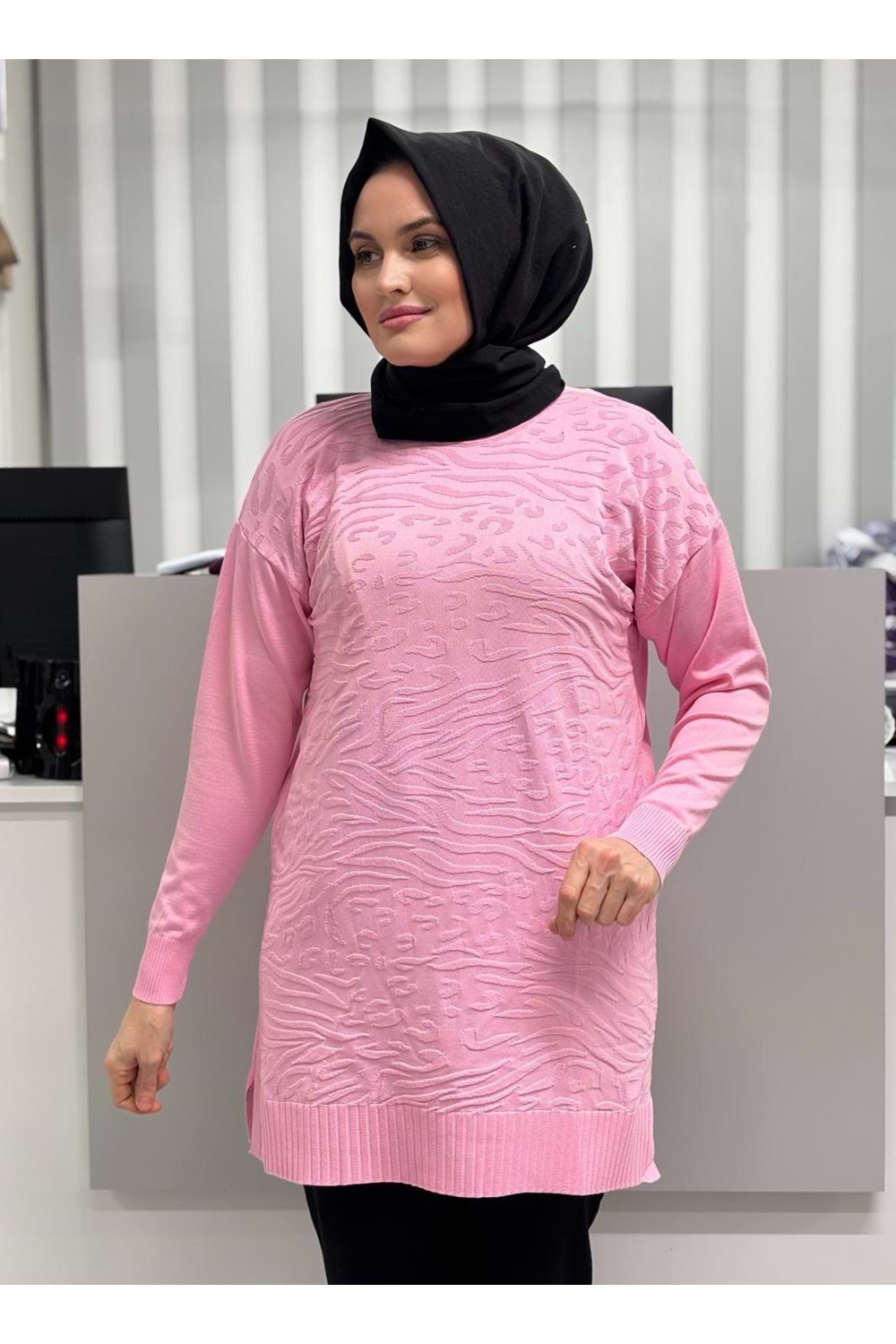 Leopar Desen Merserize Tunik 3274 - Pembe - TEK BEDEN - AZRA07114-56985