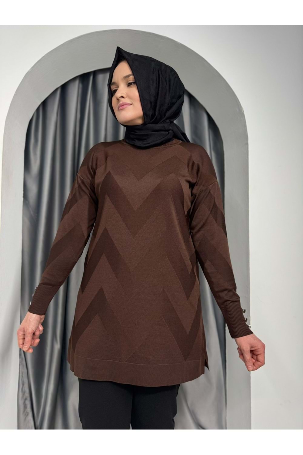 Zikzak Desen Merserize Tunik 1421 - Acı Kahve - TEK BEDEN - AZRA07121-57028
