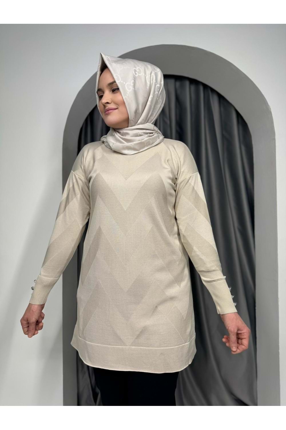 Zikzak Desen Merserize Tunik 1421 - Bej - TEK BEDEN - AZRA07121-57030