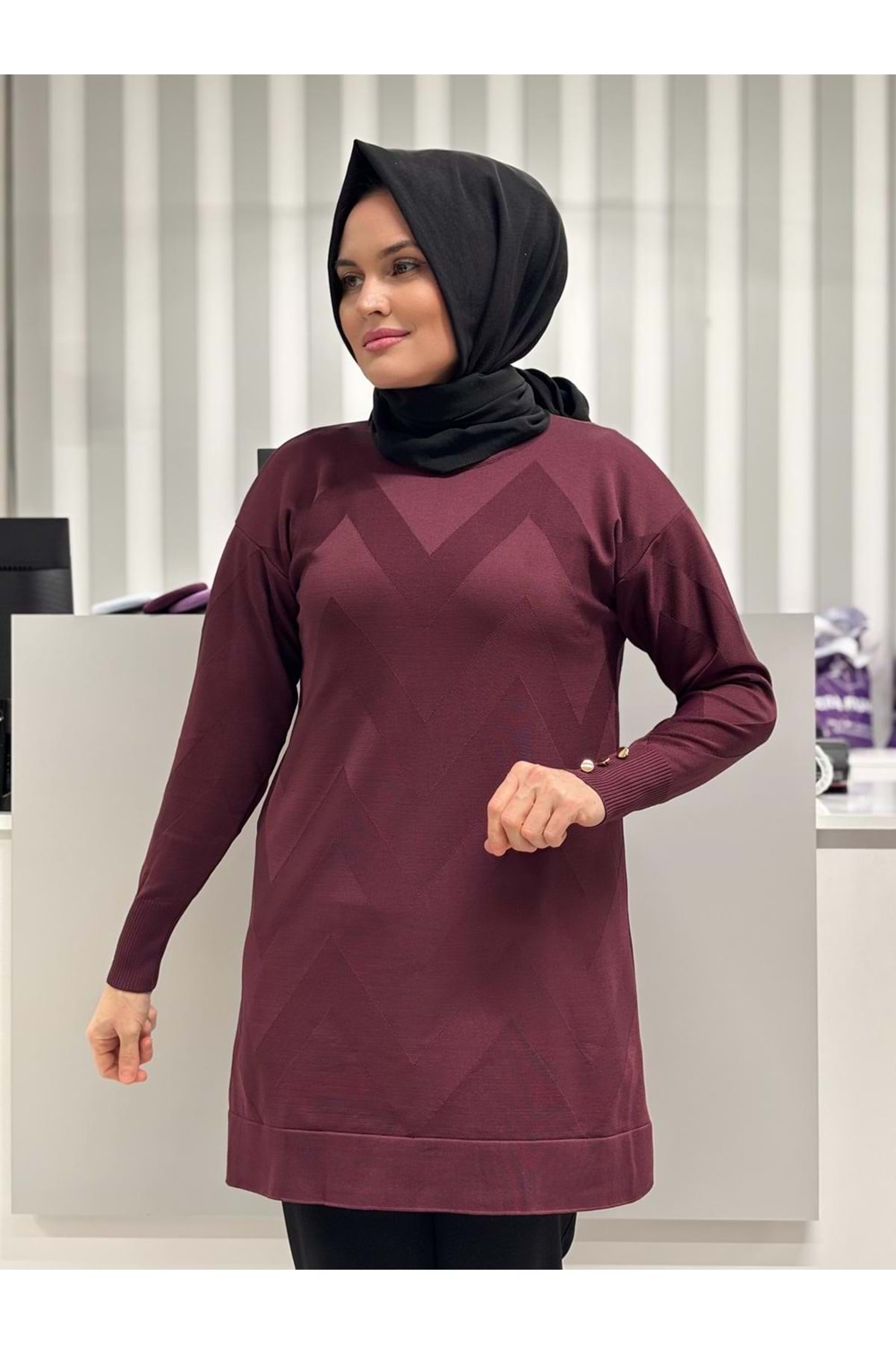 Zikzak Desen Merserize Tunik 1421 - Mürdüm - TEK BEDEN - AZRA07121-57032