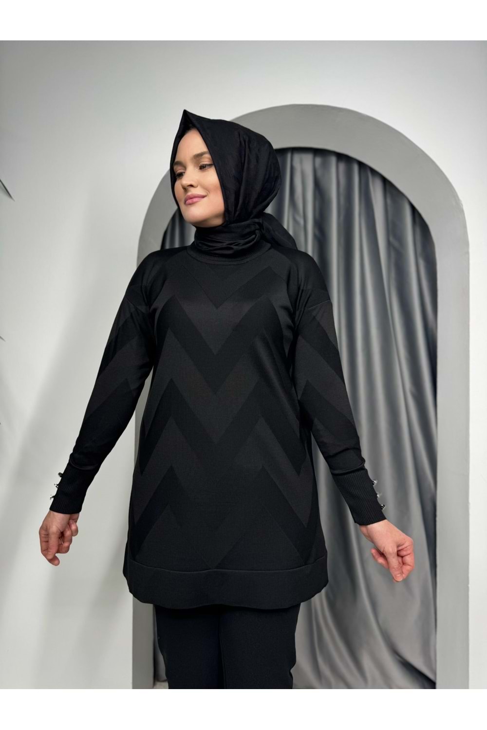 Zikzak Desen Merserize Tunik 1421 - Siyah - TEK BEDEN - AZRA07121-57033