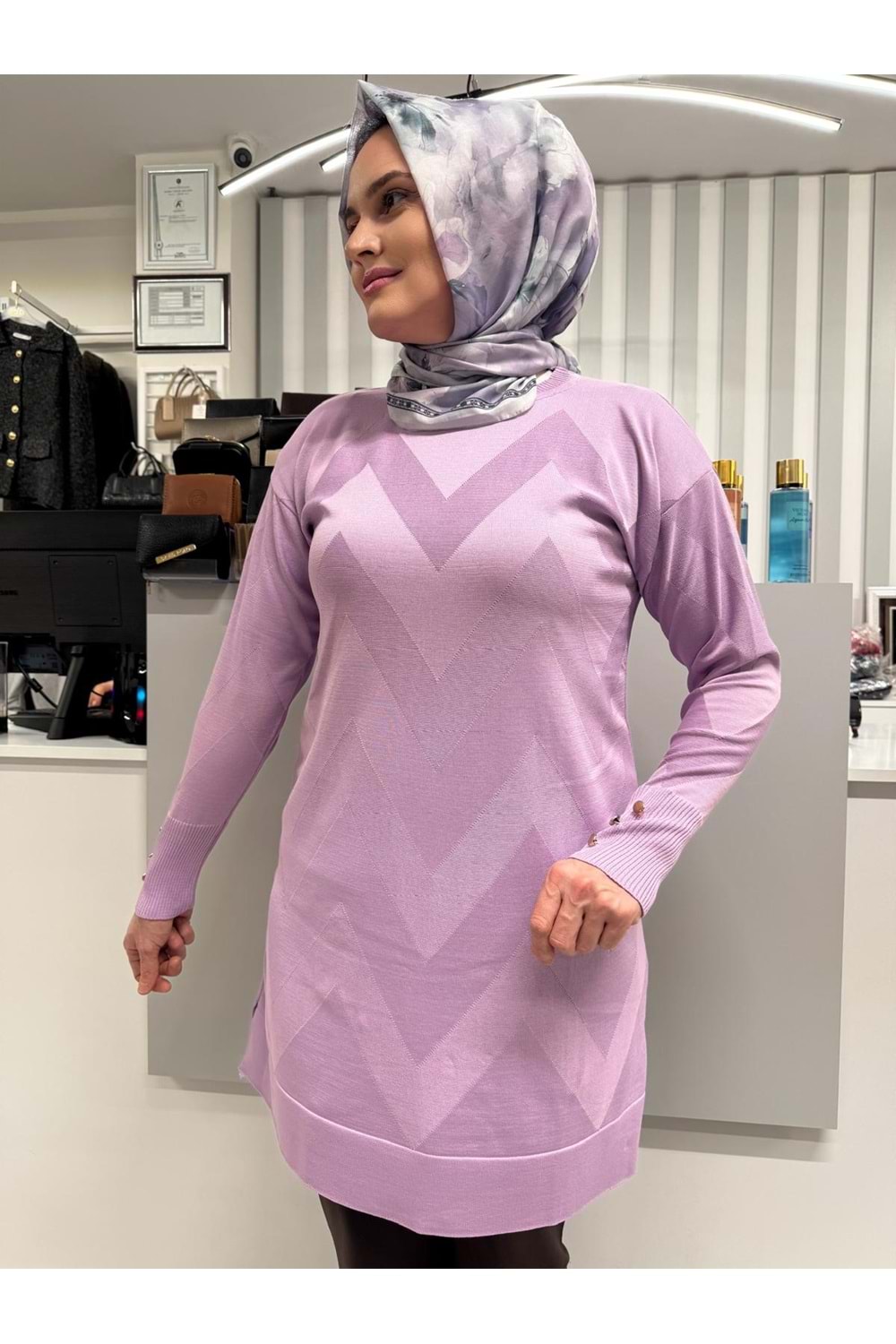 Zikzak Desen Merserize Tunik 1421 - Lila - TEK BEDEN - AZRA07121-58222