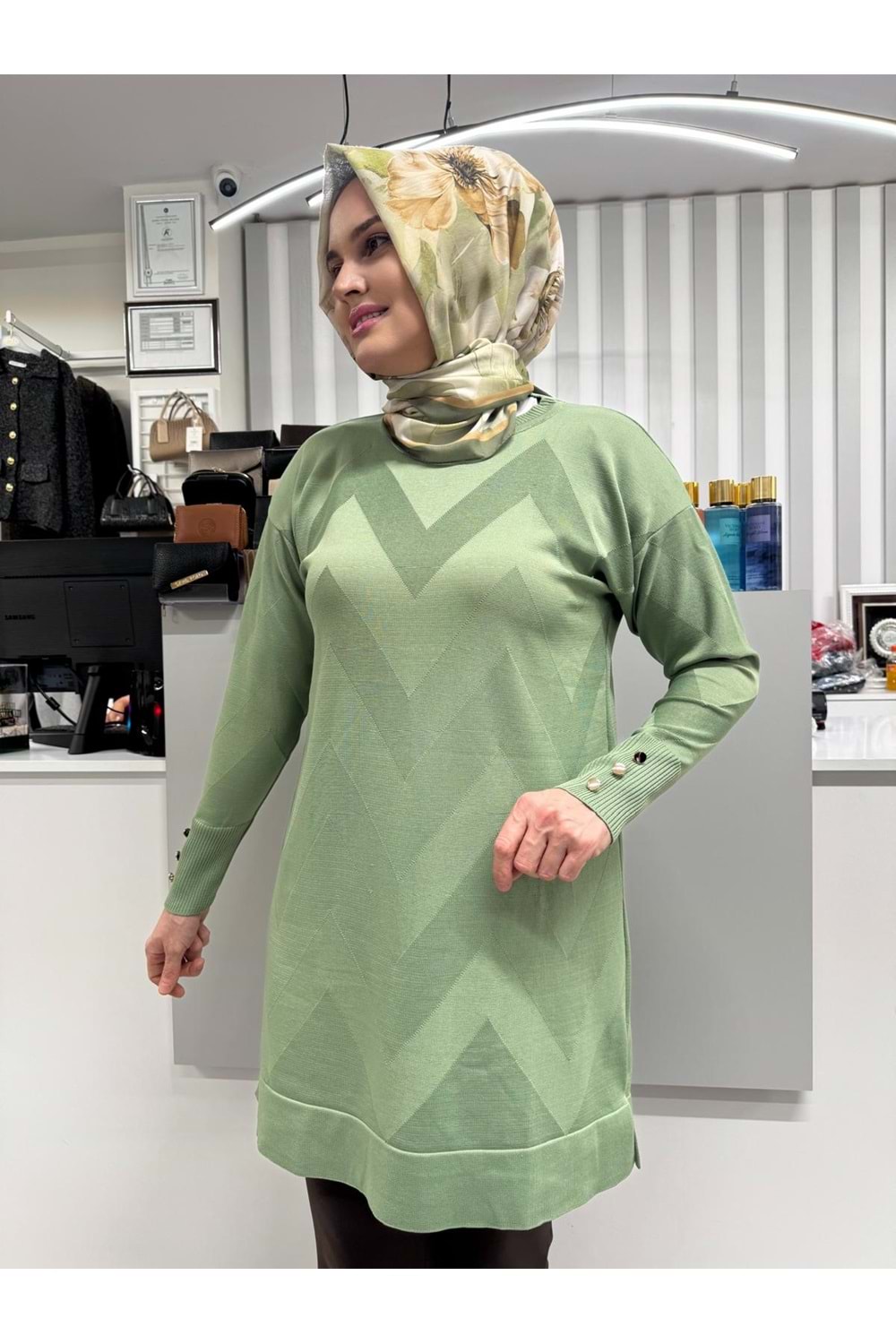 Zikzak Desen Merserize Tunik 1421 - Mint Yeşili - TEK BEDEN - AZRA07121-58223