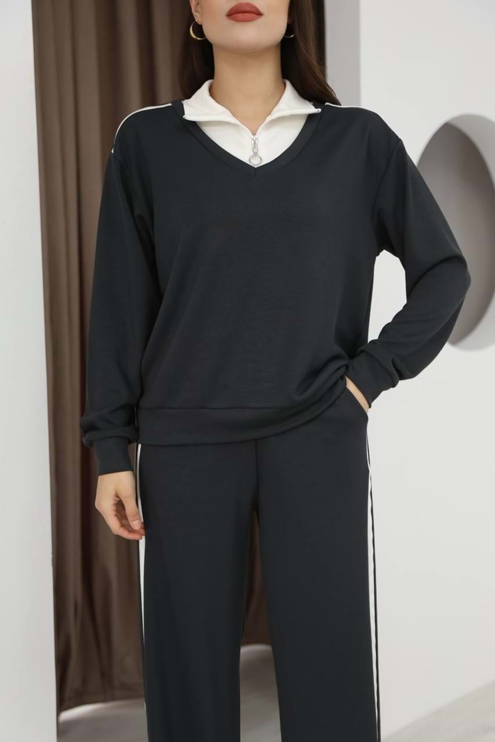 Yaka Fermuar Detaylı Garnili Takım 26227 - Füme - L - AZRA07146-57439