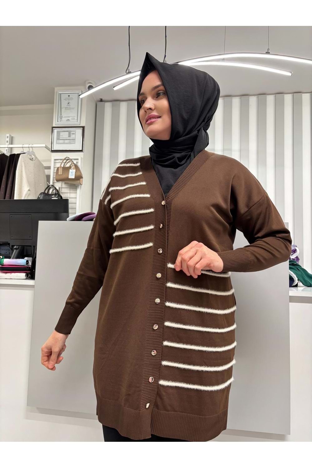 Şerit Tüylü Merserize Hırka 3282 - Acı Kahve - TEK BEDEN - AZRA07178-57315