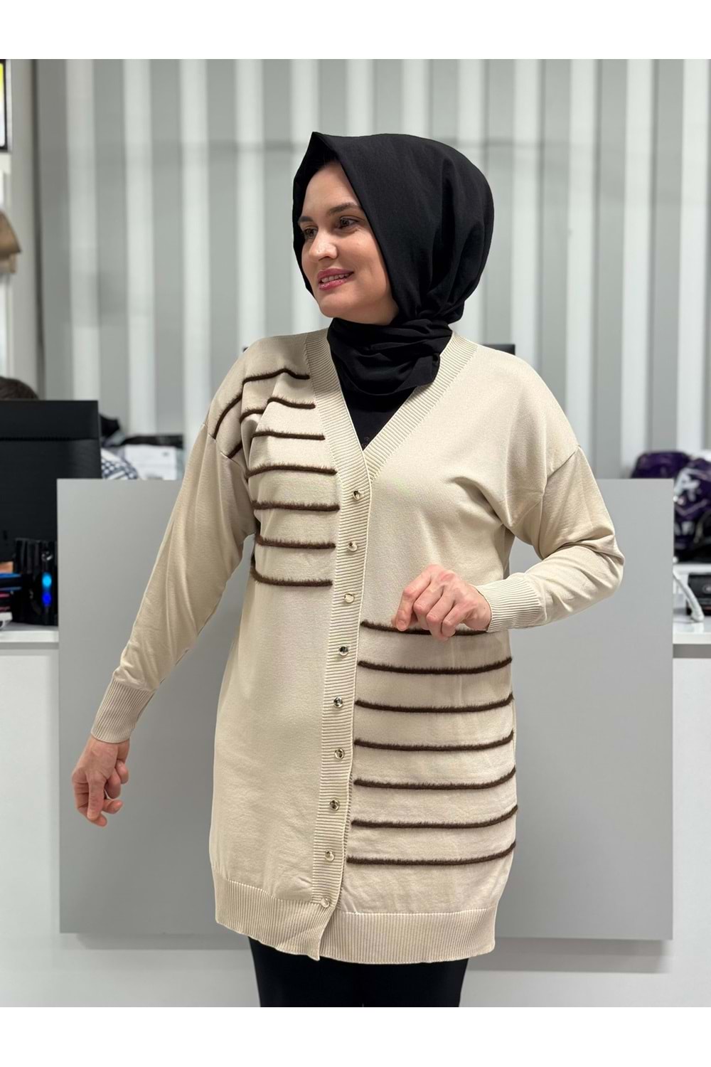 Şerit Tüylü Merserize Hırka 3282 - Bej - TEK BEDEN - AZRA07178-57316