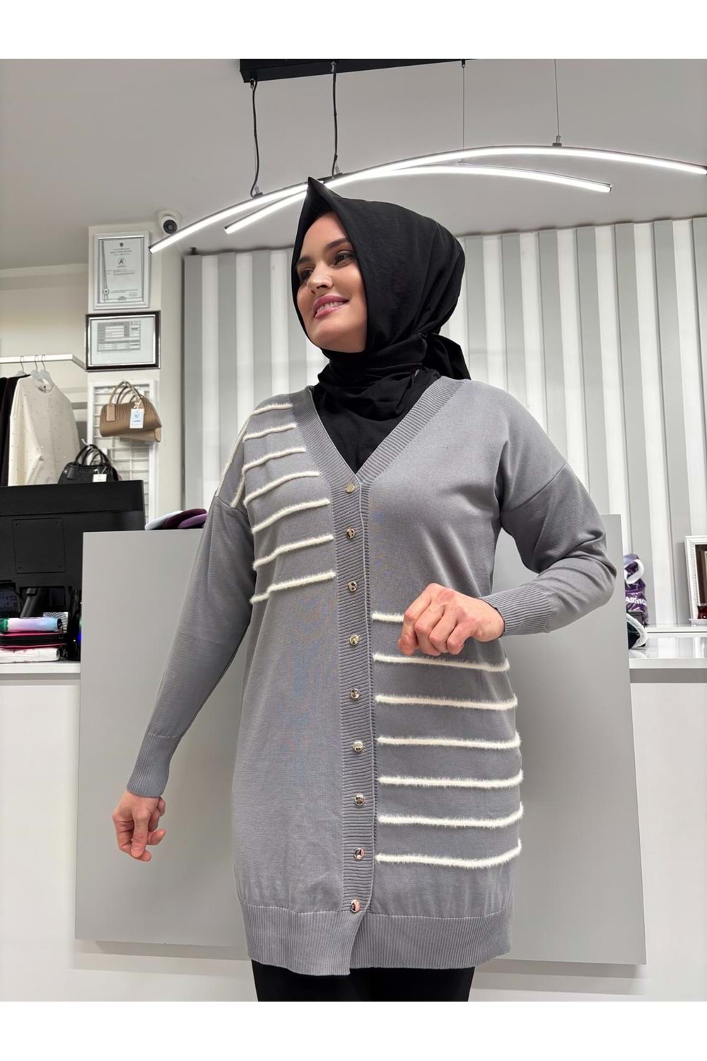 Şerit Tüylü Merserize Hırka 3282 - Gri - TEK BEDEN - AZRA07178-57318