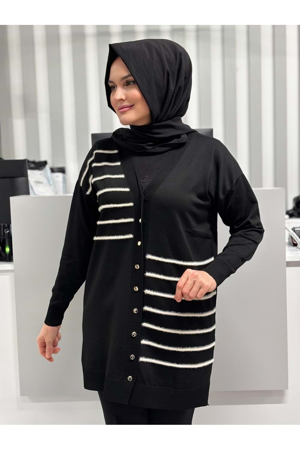 Şerit Tüylü Merserize Hırka 3282 - Siyah - TEK BEDEN - AZRA07178-57321