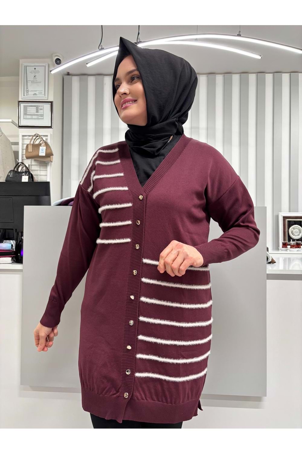 Şerit Tüylü Merserize Hırka 3282 - Mürdüm - TEK BEDEN - AZRA07178-57383