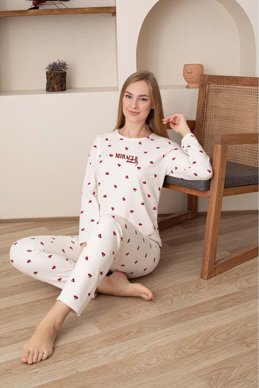 Kiraz Baskılı Pijama Takımı 100014 - Ekru - L - AZRA07181-57347