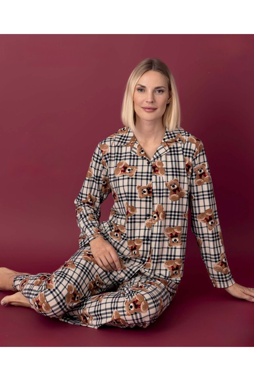 Büyük Ayıcık Ekoseli Pijama Takımı 6732 - Bej - XL - AZRA07183-57358