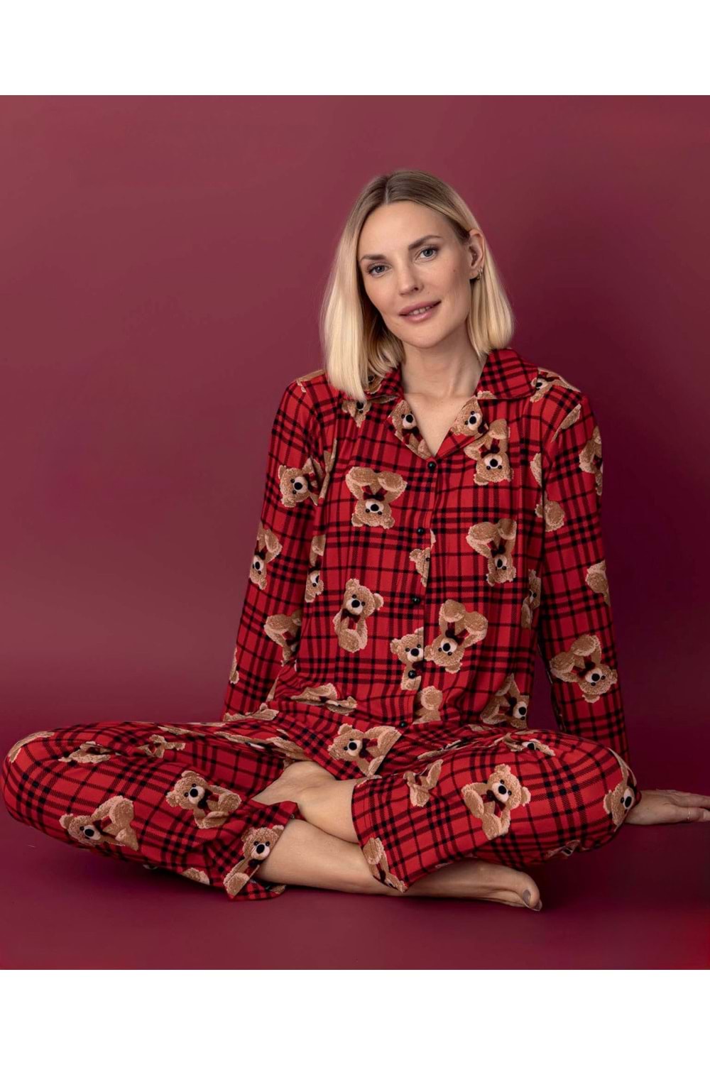 Büyük Ayıcık Ekoseli Pijama Takımı 6732 - Kırmızı - XL - AZRA07183-57362