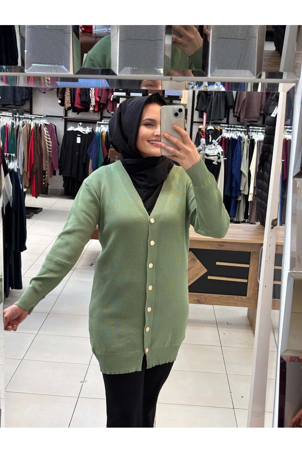 Gold Düğmeli hırka 3285 - Mint Yeşili - TEK BEDEN