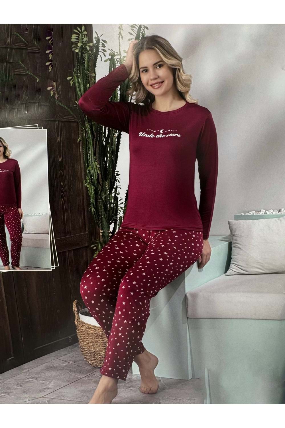 Yıldızlı Pijama Takımı 2326 - Bordo - L - AZRA07322-58187