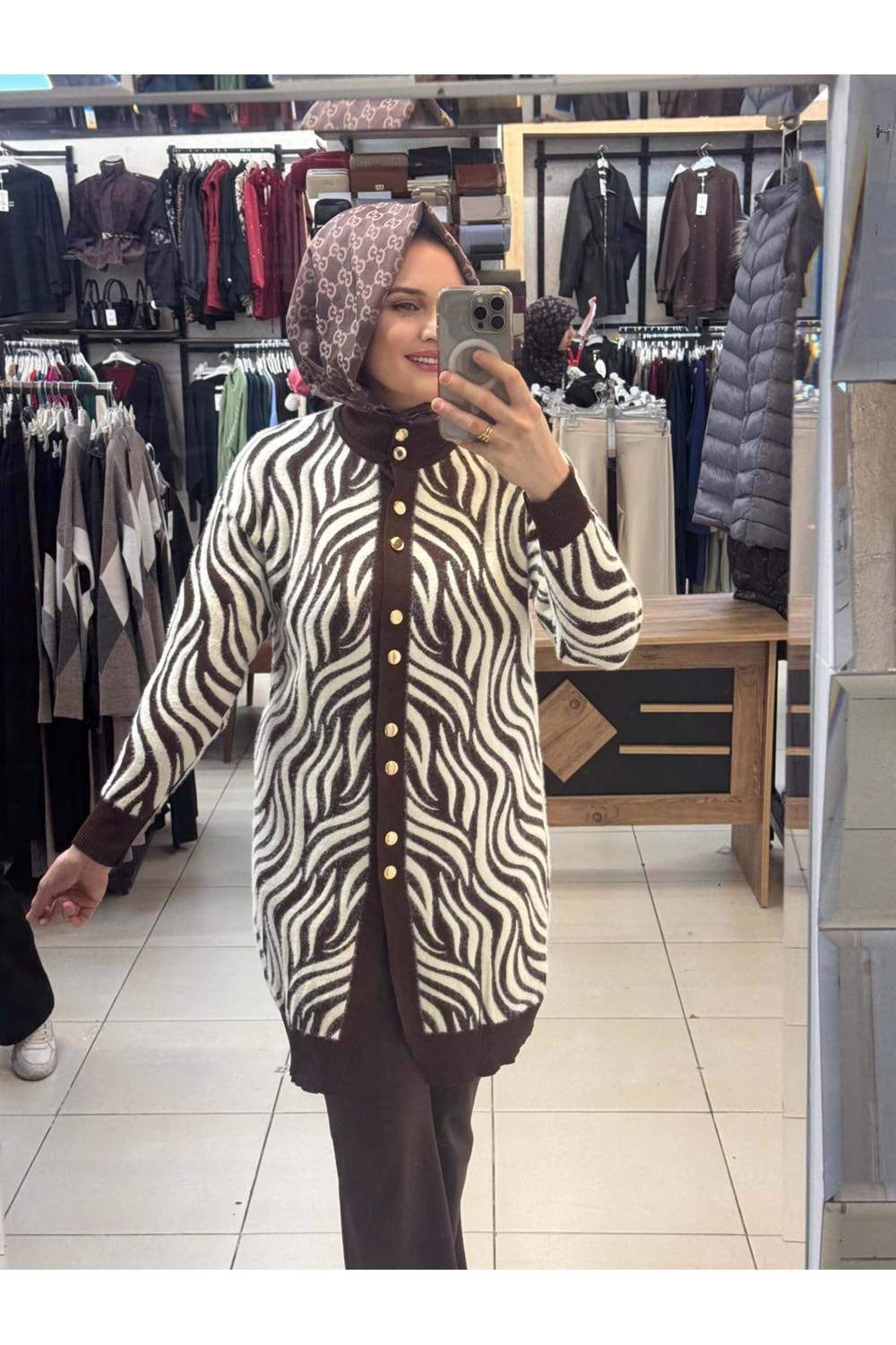 Zebra Desen Angora Hırka 3286 - Acı Kahve - TEK BEDEN - AZRA07325-58225