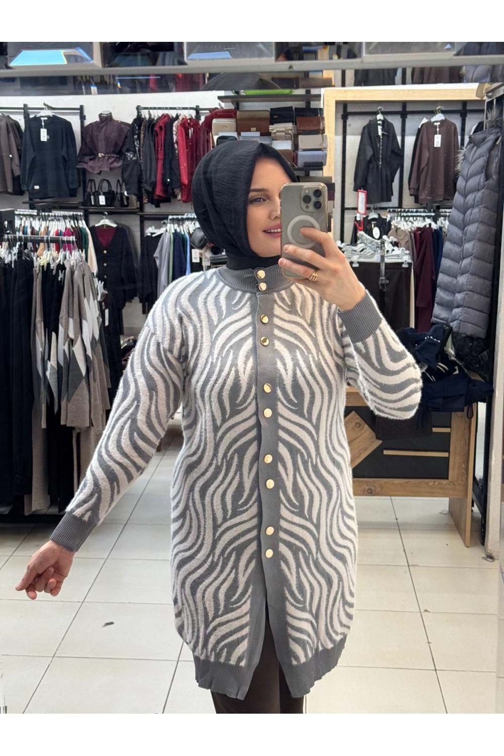Zebra Desen Angora Hırka 3286 - Gri - TEK BEDEN - AZRA07325-58226