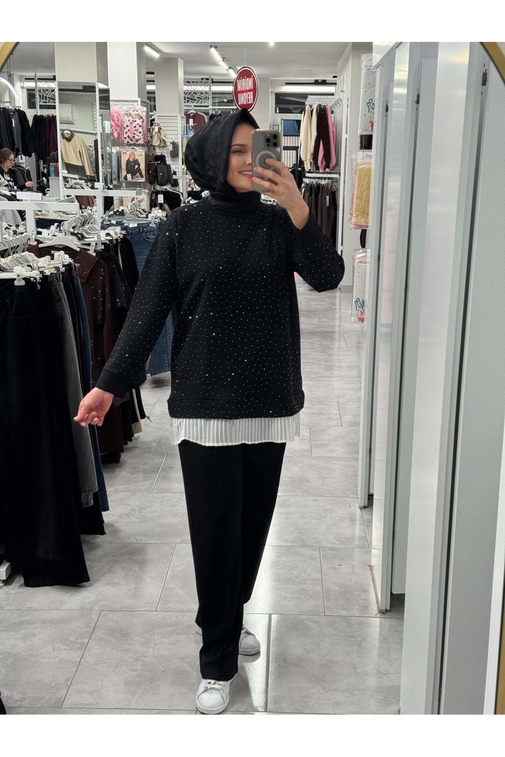 Eteği Piliseli Pullu Takım 1342 - Siyah - L-XL - AZRA07345-Siyah-L-XL