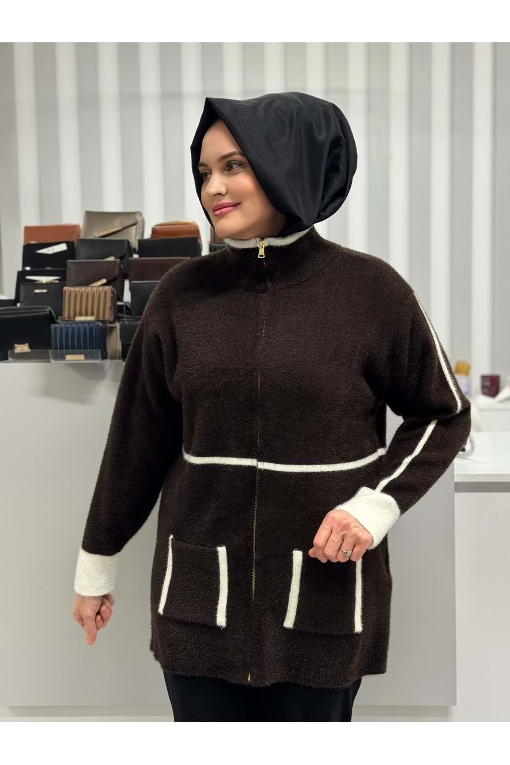 Fermuarlı Angora Hırka 25027 - Acı Kahve - TEK BEDEN - AZRA07372-Acı Kahve-TEK BEDEN