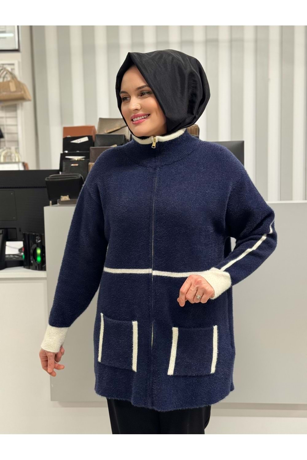 Fermuarlı Angora Hırka 25027 - Lacivert - TEK BEDEN - AZRA07372-Lacivert-TEK BEDEN