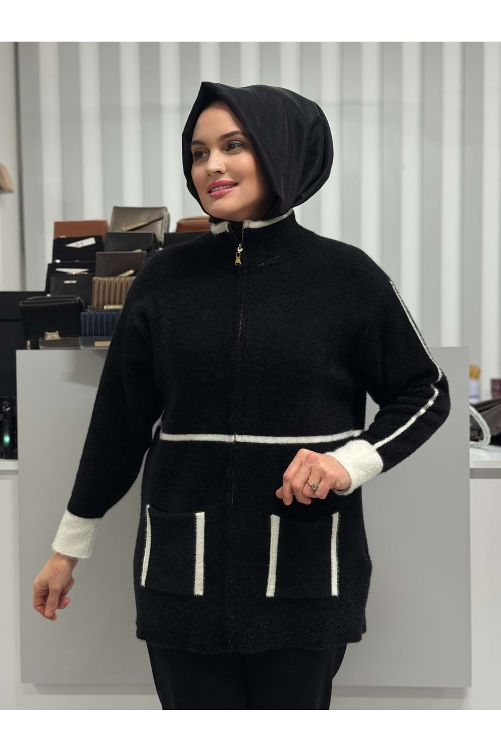 Fermuarlı Angora Hırka 25027 - Siyah - TEK BEDEN - AZRA07372-Siyah-TEK BEDEN