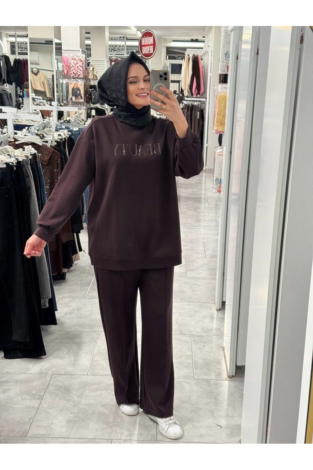 Tona Ton Baskı Ve Taşlı Takım 35790 - Acı Kahve - M - AZRA07386-Acı Kahve-M