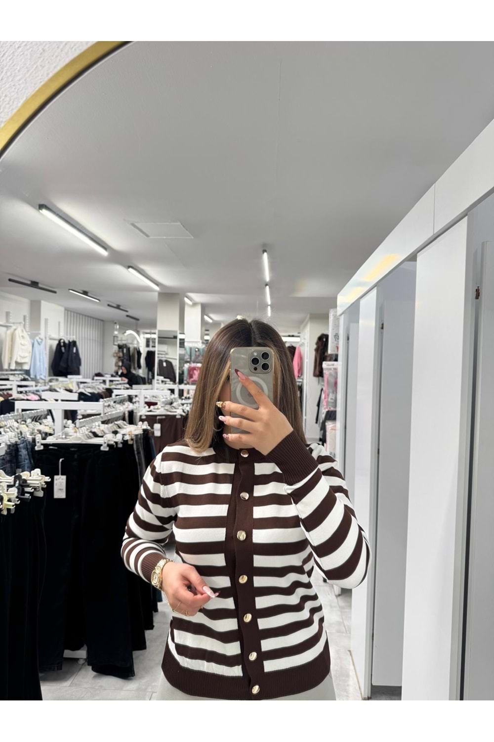 Çizgili Kısa Merserize Hırka 4263 - Acı Kahve - TEK BEDEN - AZRA07404-58675