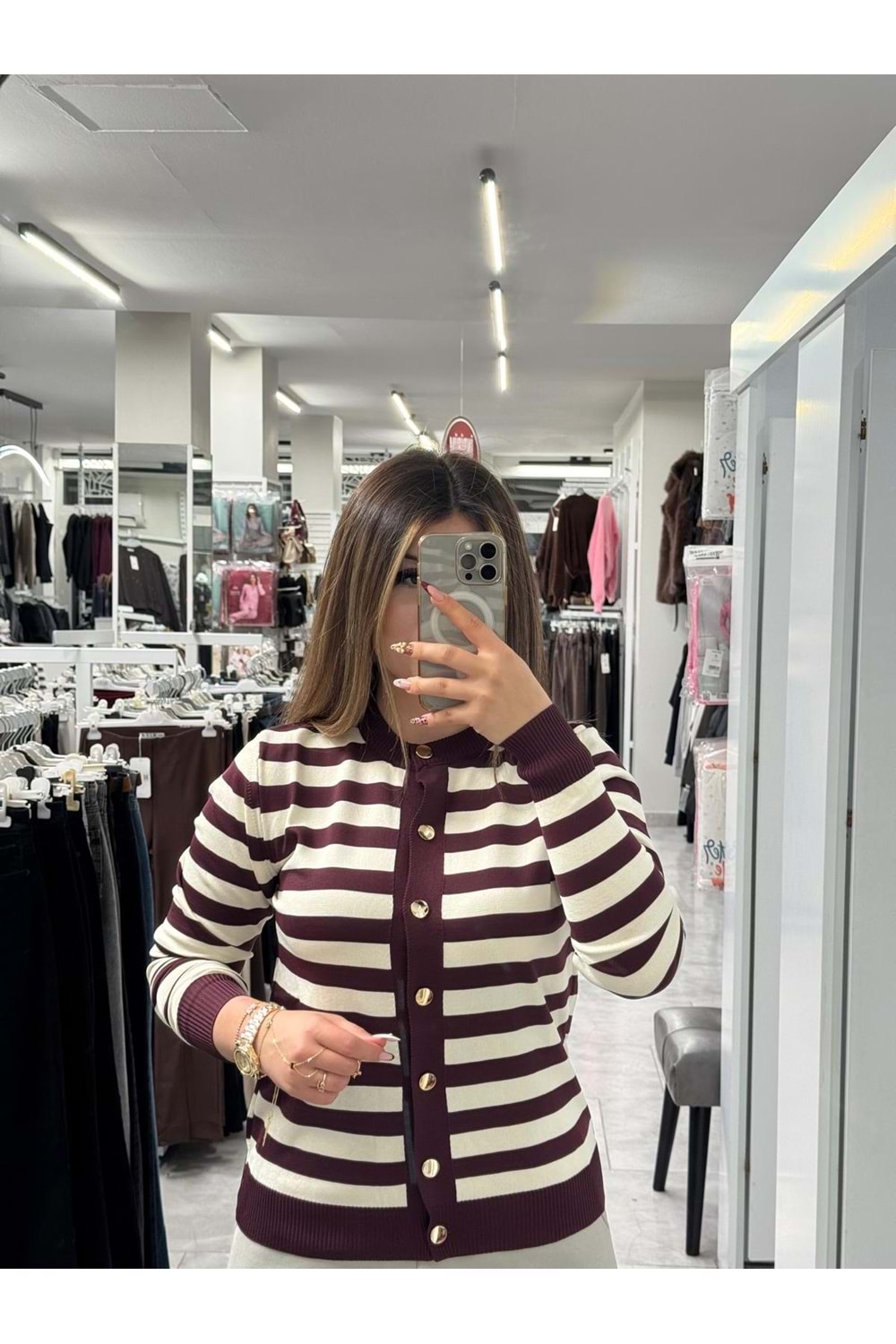 Çizgili Kısa Merserize Hırka 4263 - Mürdüm - TEK BEDEN - AZRA07404-58677