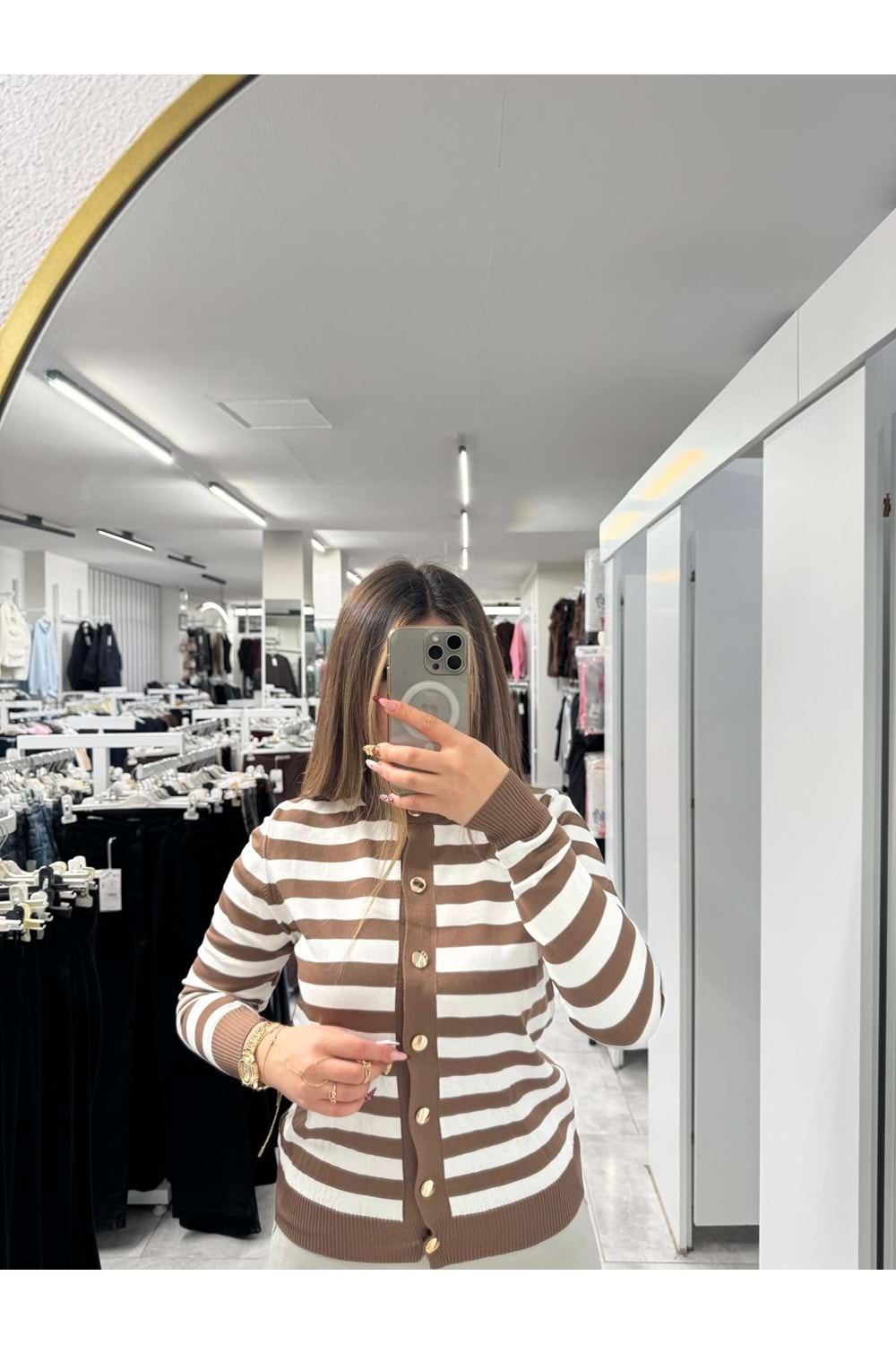 Çizgili Kısa Merserize Hırka 4263 - Sütlü Kahve - TEK BEDEN - AZRA07404-58679