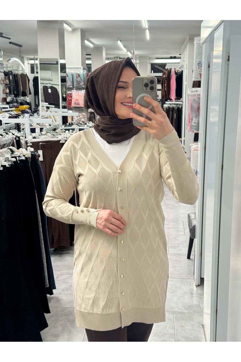 Baklava Desen Merserize Hırka 3290 - Bej - TEK BEDEN - AZRA07406-58691