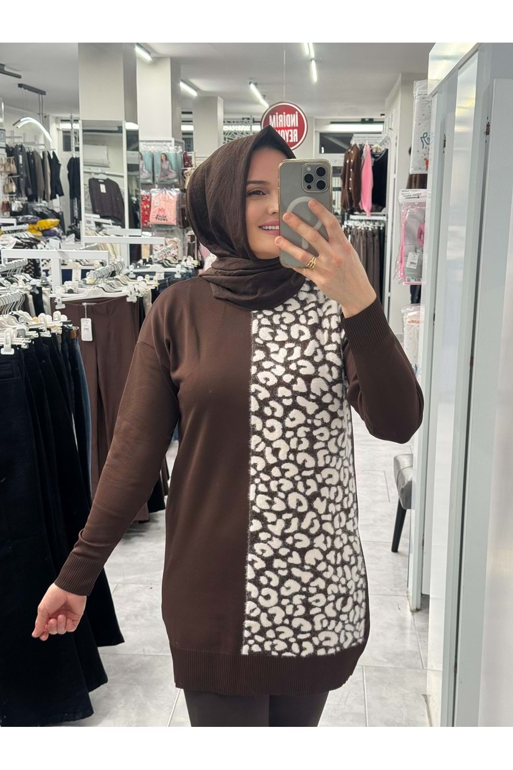 Leopar Desen Merserize Tunik 3291 - Acı Kahve - TEK BEDEN - AZRA07407-58701