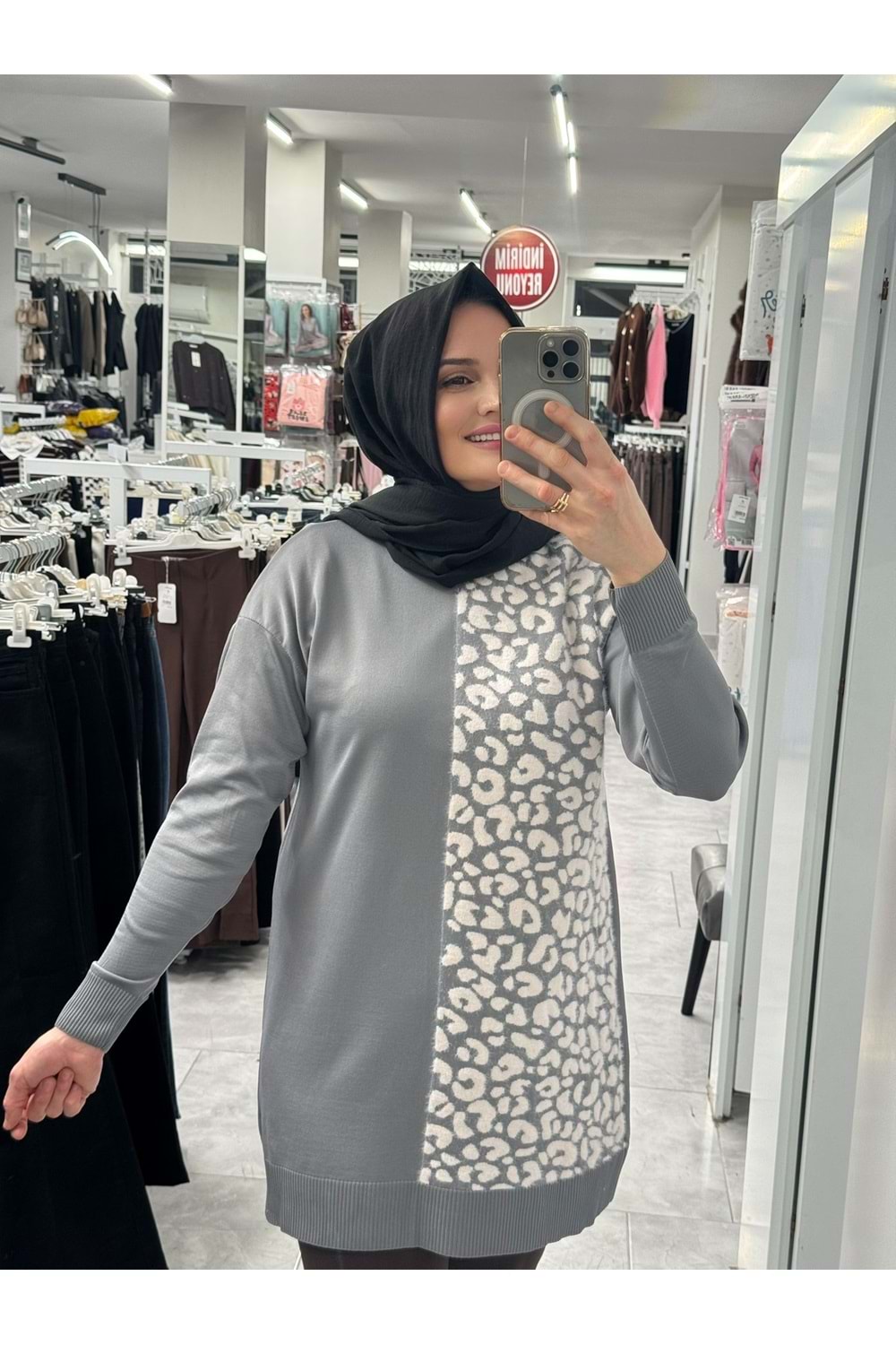 Leopar Desen Merserize Tunik 3291 - Gri - TEK BEDEN - AZRA07407-58702