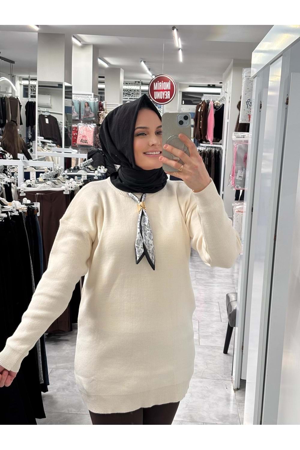 Fularlı Triko Tunik 3289 - Bej - TEK BEDEN - AZRA07408-58710