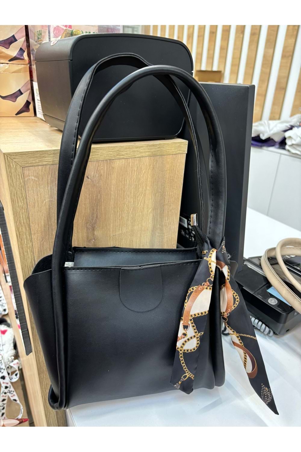 Uzun Kulplu Fularlı Çanta 1739 - Siyah - TEK BEDEN