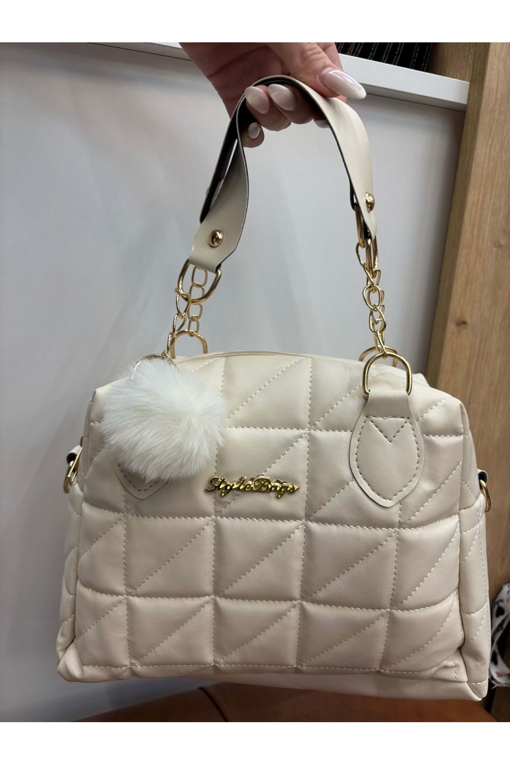 Ponponlu Kapitone Çanta 1754 - Bej - TEK BEDEN