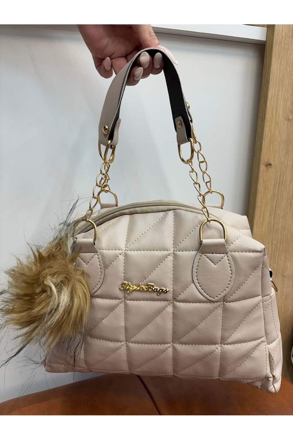 Ponponlu Kapitone Çanta 1754 - Vizon - TEK BEDEN