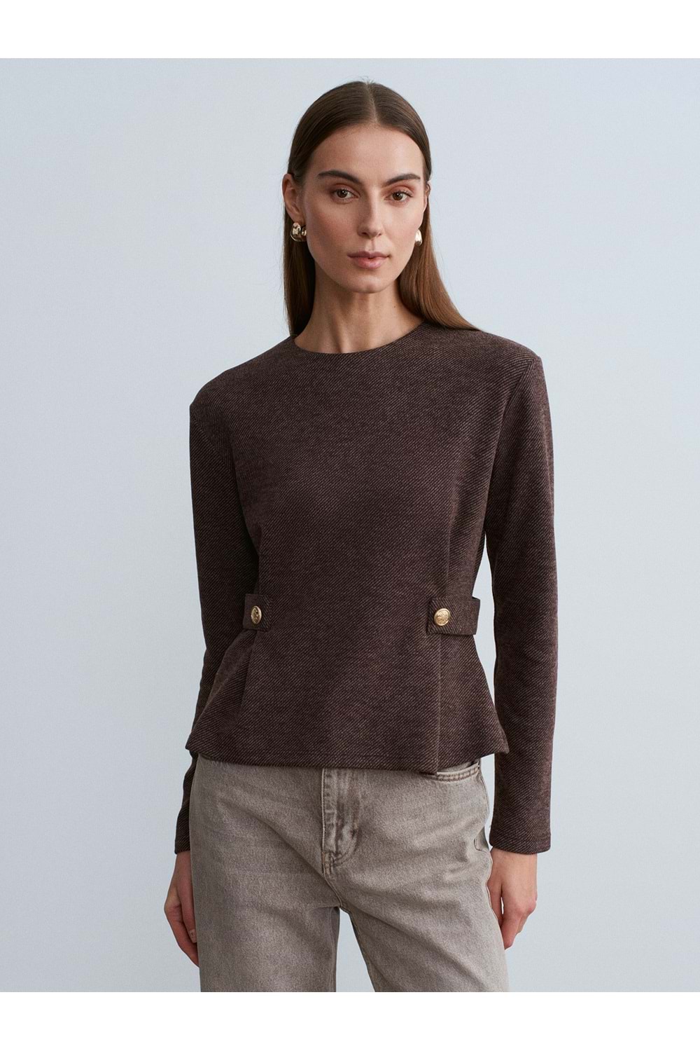 Düğmeli Fitilli Bluz 32429 - Acı Kahve - M - AZRA07431-Acı Kahve-M