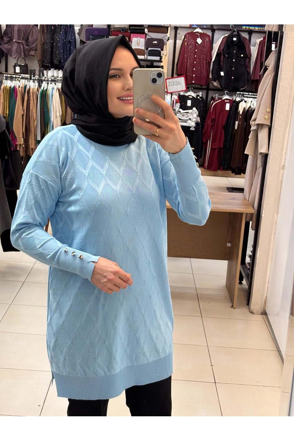 Baklavalı Merserize Tunik 3288 - Bebe Mavisi - TEK BEDEN - AZRA07490-59183