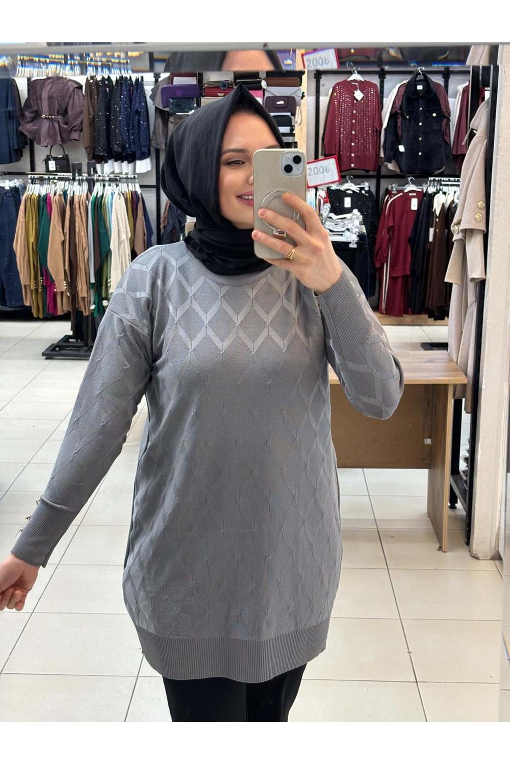 Baklavalı Merserize Tunik 3288 - Gri - TEK BEDEN - AZRA07490-59185