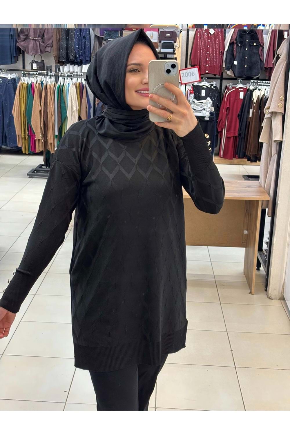 Baklavalı Merserize Tunik 3288 - Siyah - TEK BEDEN - AZRA07490-59190