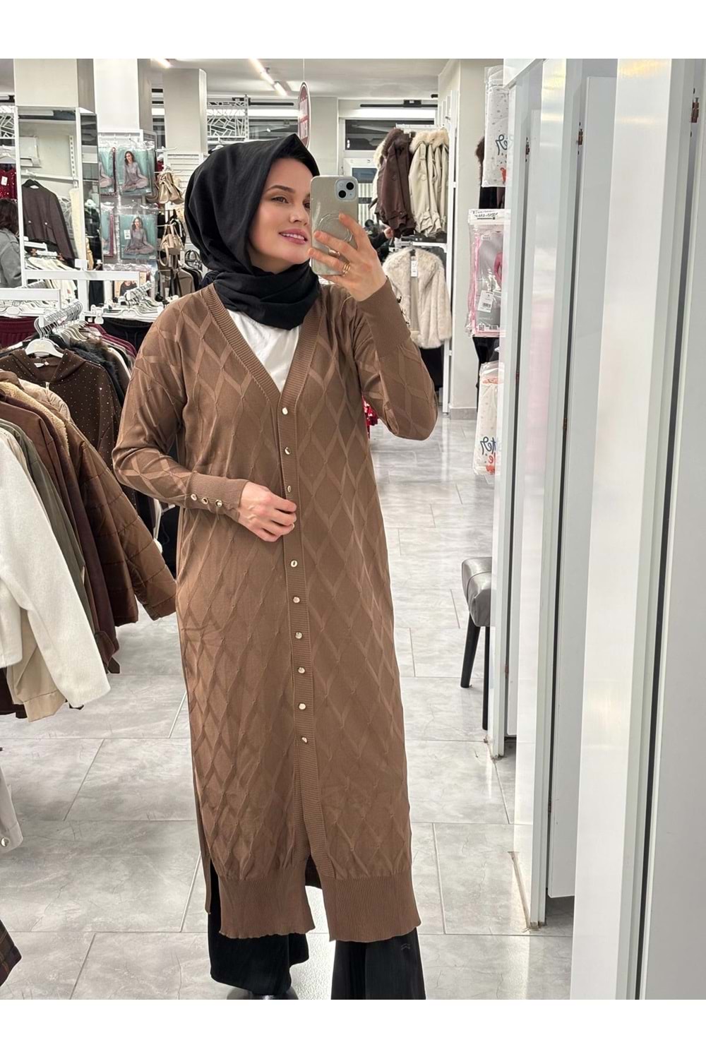 Uzun Baklava Desen Hırka 3295 - Kahve Rengi - TEK BEDEN - AZRA07491-59196