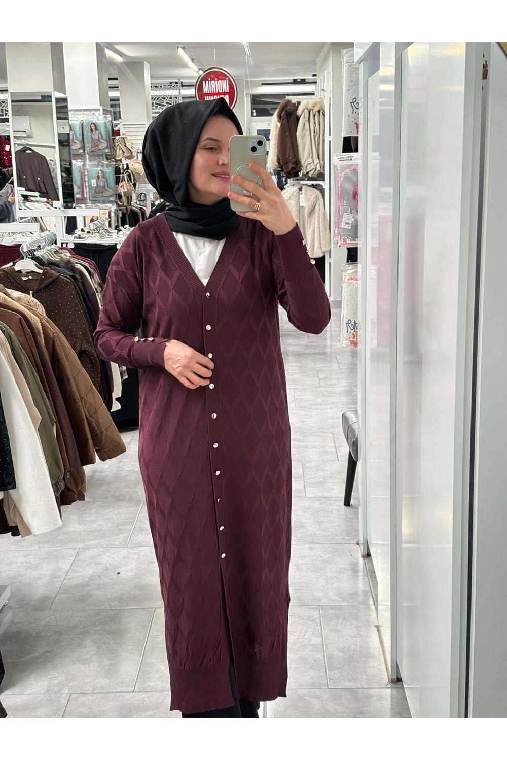 Uzun Baklava Desen Hırka 3295 - Mürdüm - TEK BEDEN - AZRA07491-59198