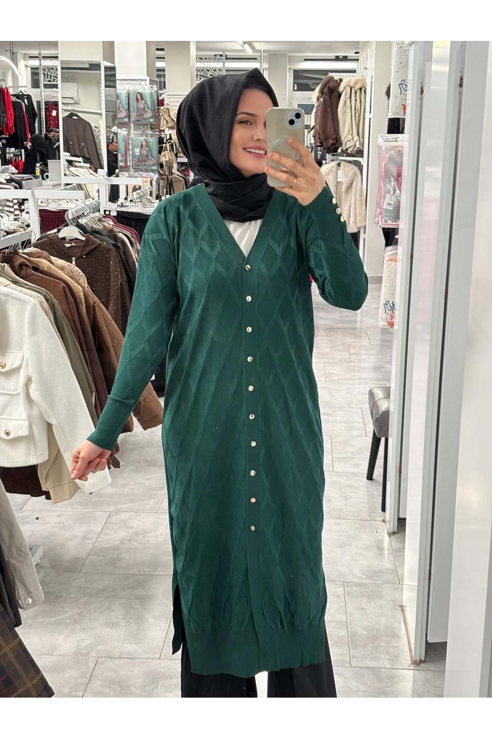 Uzun Baklava Desen Hırka 3295 - Zümrüt Yeşili - TEK BEDEN - AZRA07491-59201