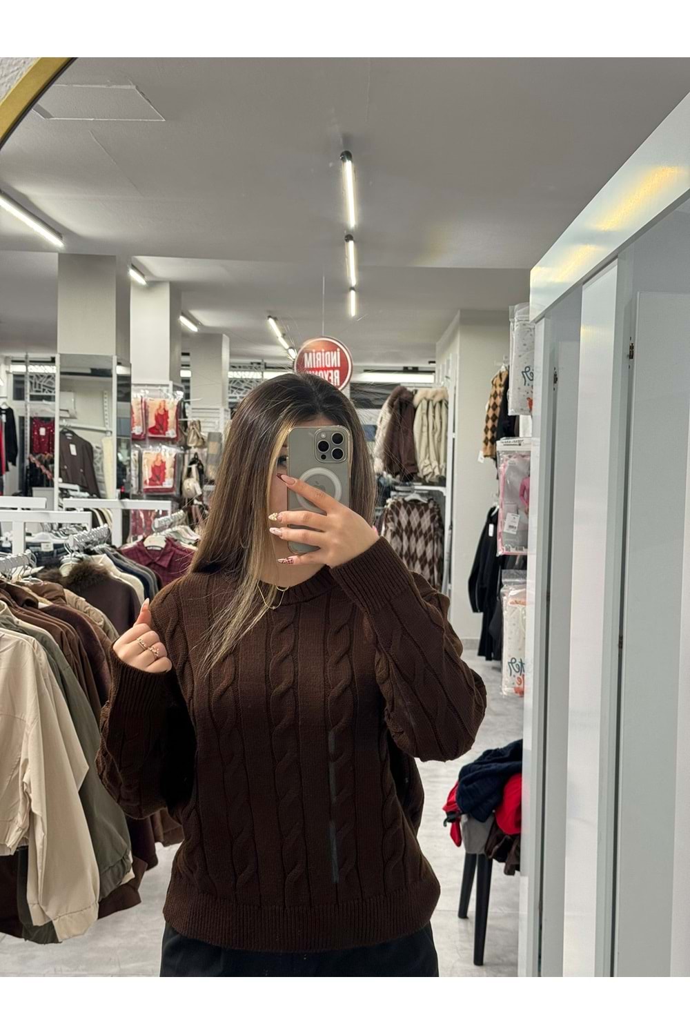 Saç Örgülü Triko Kazak 2573 - Acı Kahve - TEK BEDEN - AZRA07511-59303