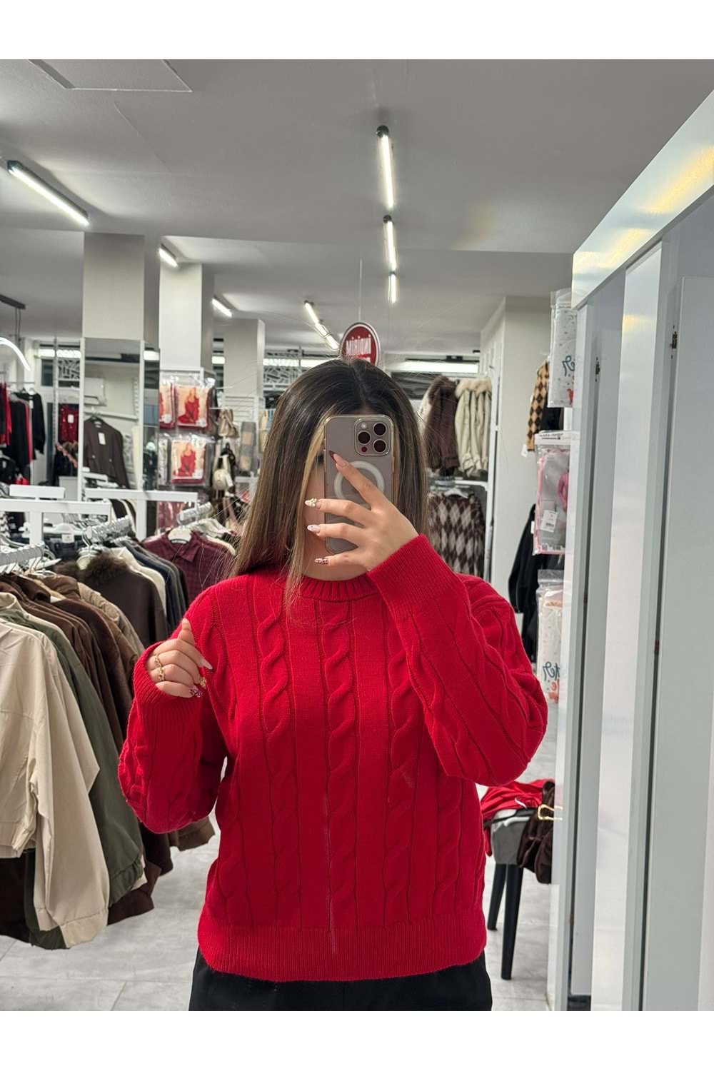 Saç Örgülü Triko Kazak 2573 - Kırmızı - TEK BEDEN - AZRA07511-59304