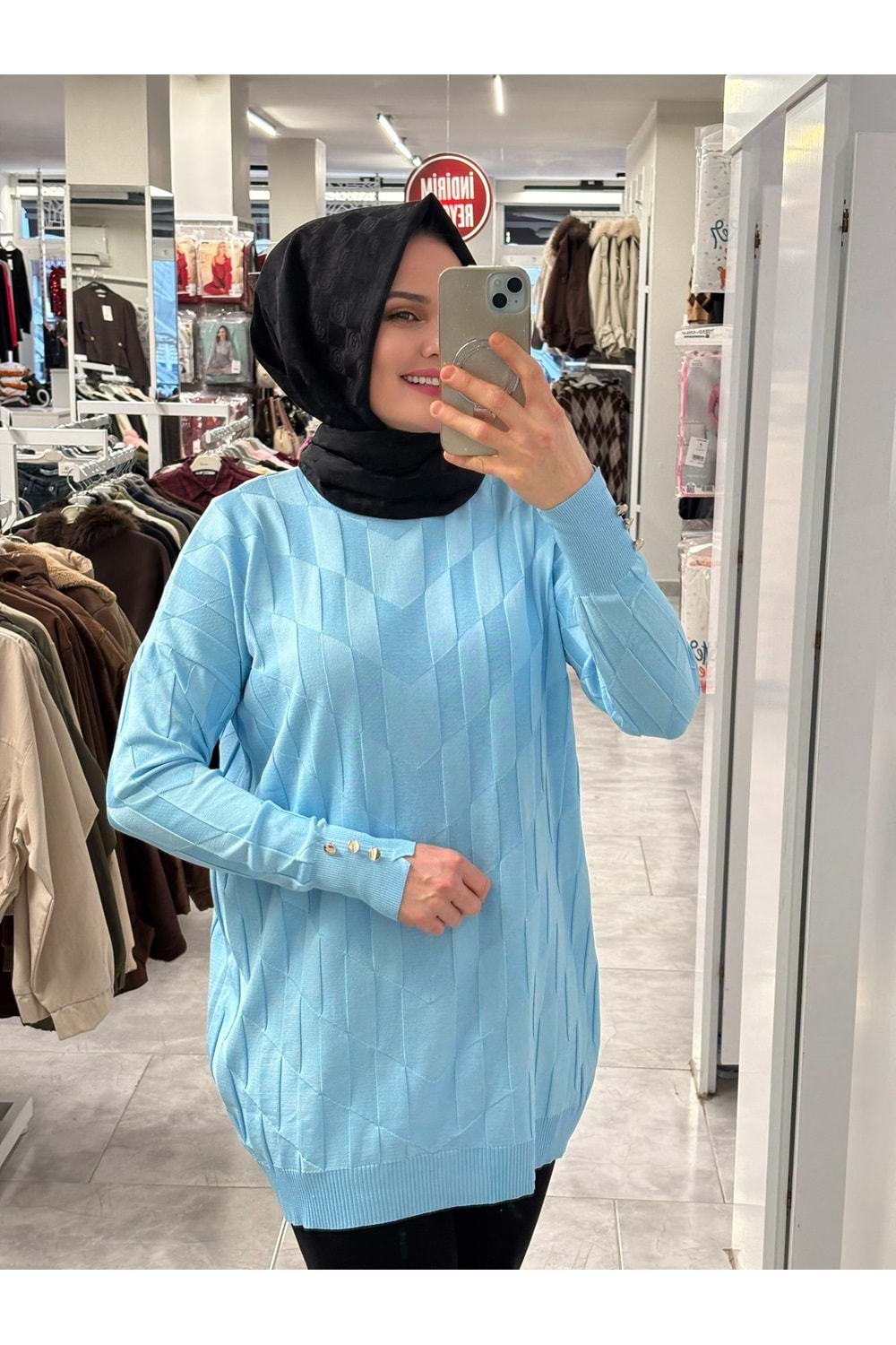 V Desen Salaş Merserize Tunik 3293 - Bebe Mavisi - TEK BEDEN - AZRA07527-59351